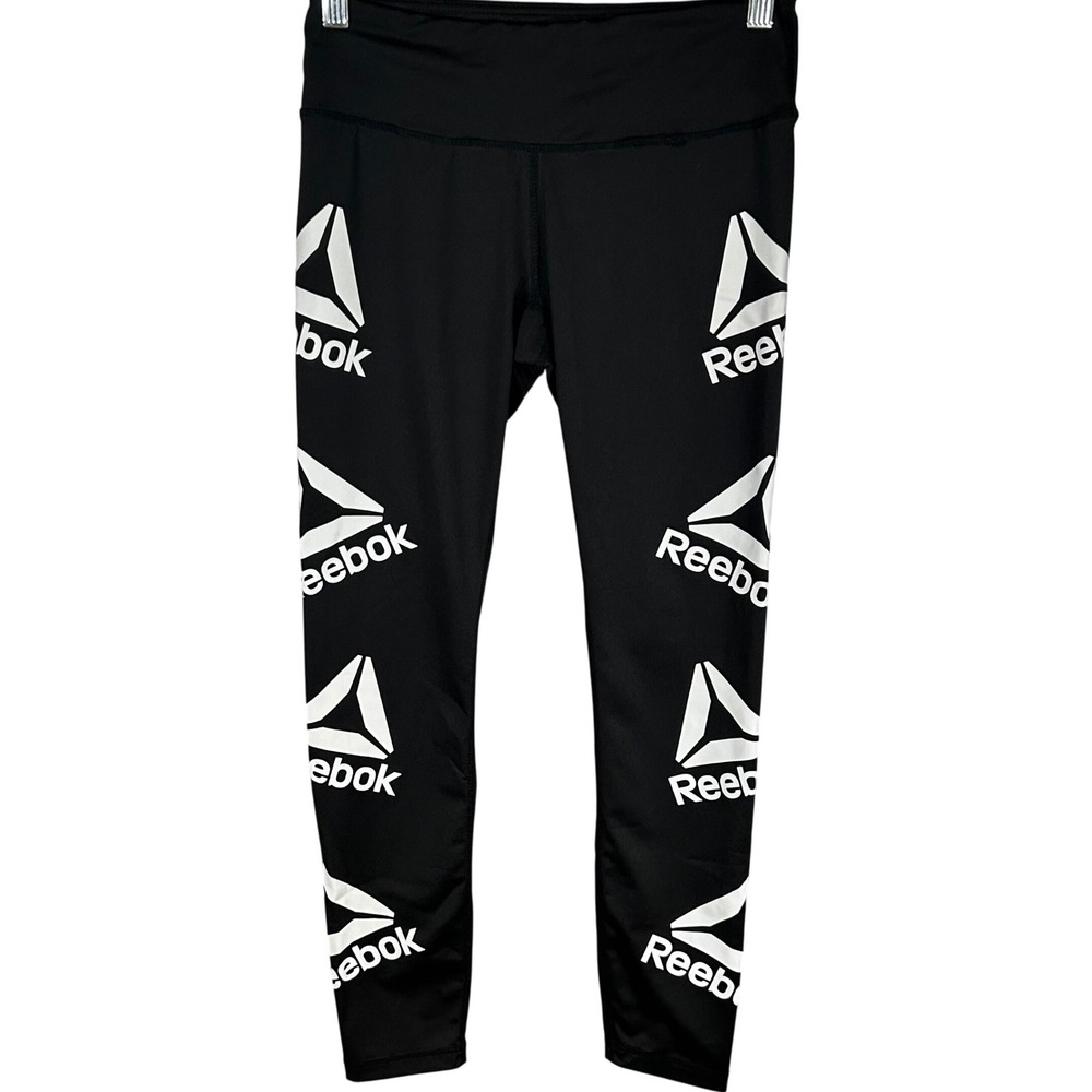 Reebok Womens Black White Logo Print High Rise Athletic Leggings Small